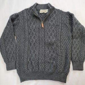 Aran Sweater Market Wool Chunky Cable Knit Quarter Zip Gray Sweater Size XL